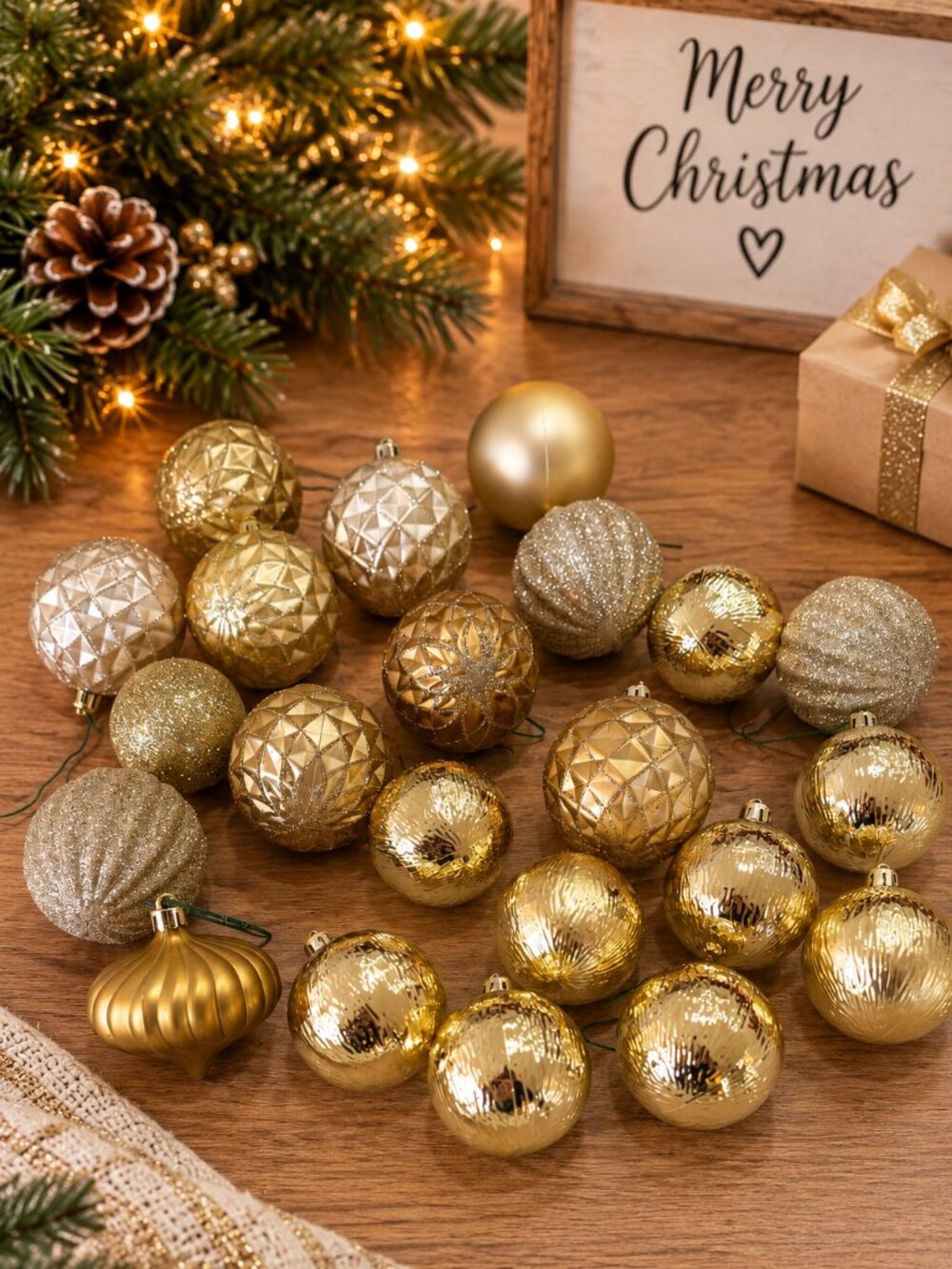 Gold Champagne Shatterproof Christmas Ornament Lot Mixed Finishes